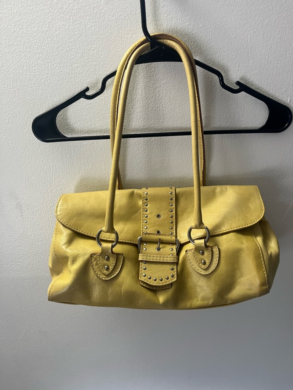 Studded Yellow Leather Shoulder Bag with Buckle Detail